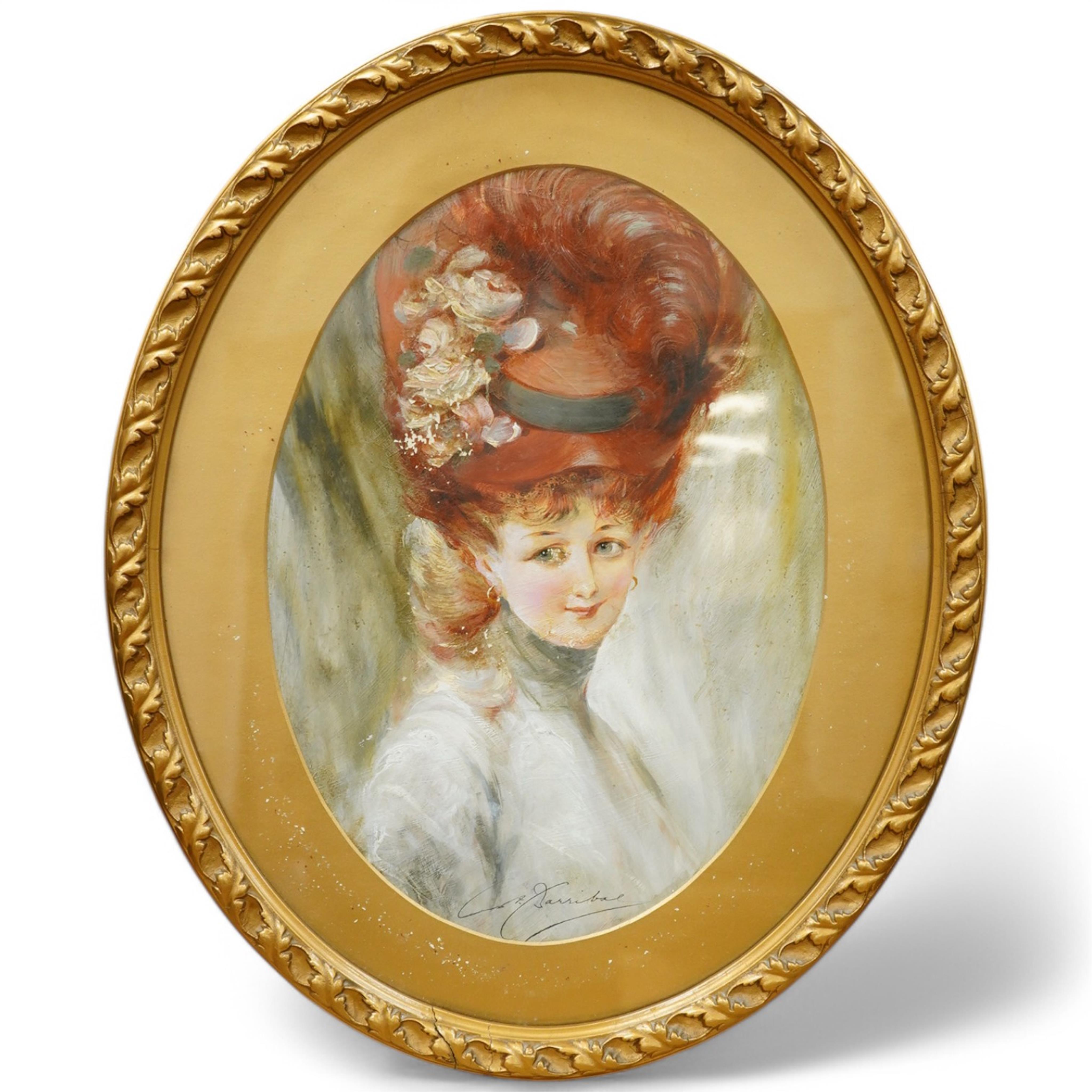William Barribal (1874-1852), oval oil on board, Head and shoulders portrait of an Edwardian lady, signed, 39 x 27cm, gilt framed. Condition - fair